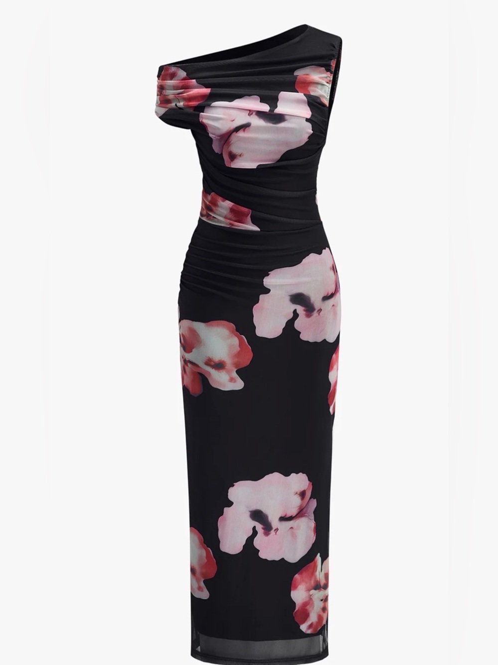 COMMENSE. Asymmetrical Neck Floral Mesh Dress